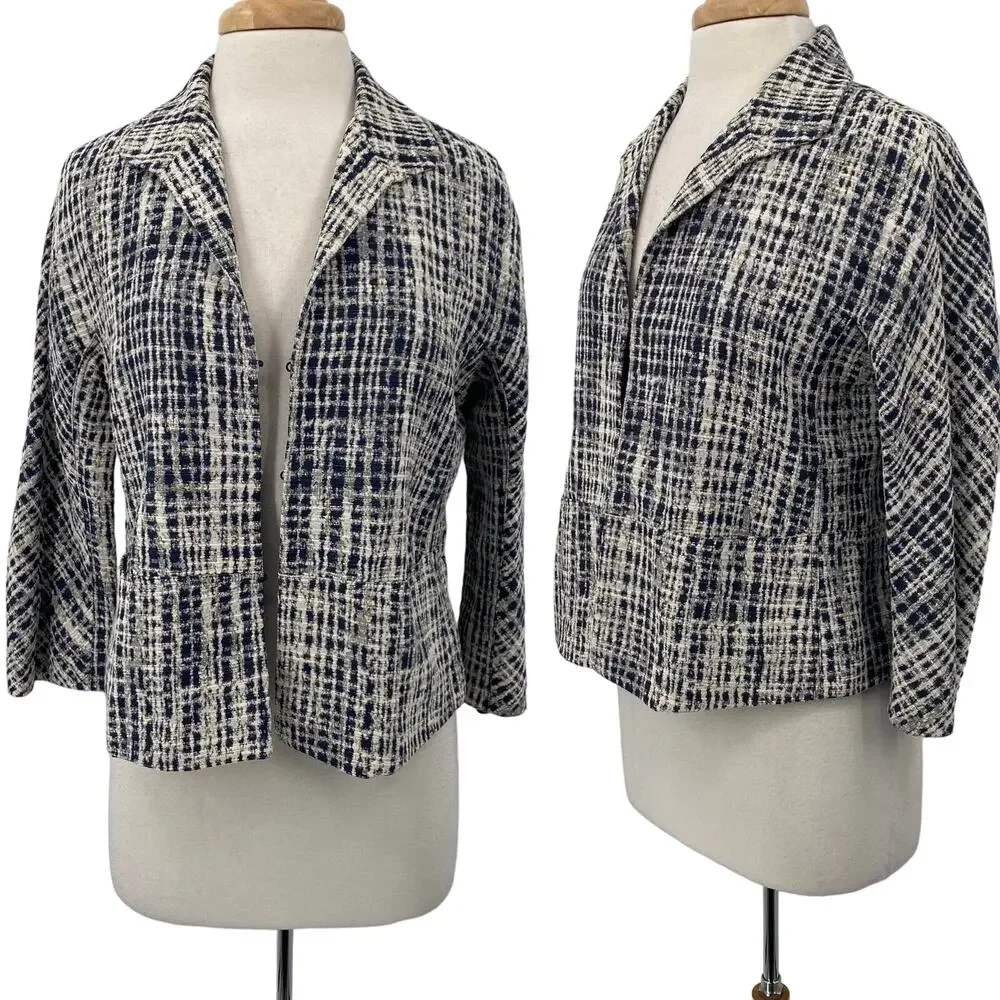 Lafayette 148 Blazer Textured Woven Abstract Plaid Check Pattern Navy Cream S